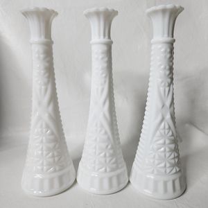 Vintage Milk Glass Bud Vases White Stars and Bars Pattern Set of 3